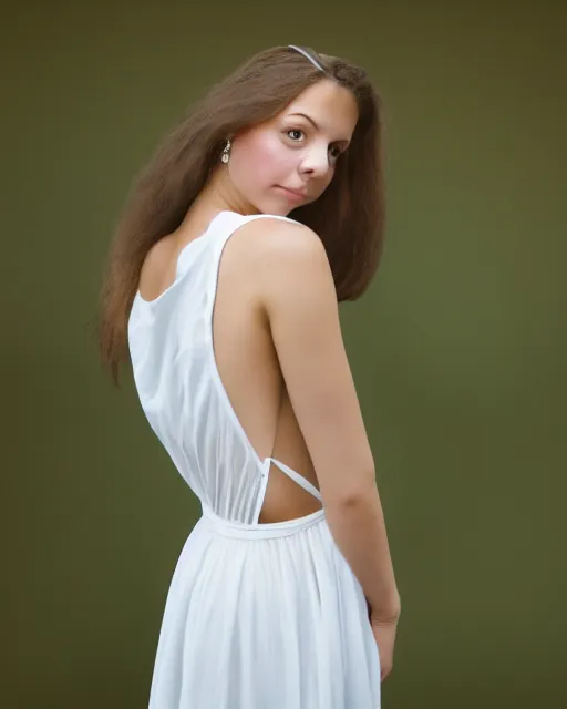 Image similar to watercolor picture of a beautiful young woman in white dress, from the back, looking at the camera, high key, 8k