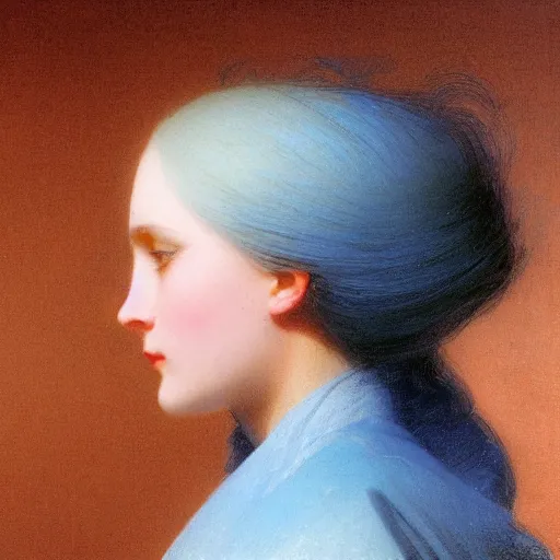 Image similar to young woman's face, her hair is white and she wears a cobalt blue satin cloak, by ivan aivazovsky and syd mead and moebius and gaston bussiere and roger dean and wojciech siudmak and pieter claesz and paul delaroche and alma tadema and aelbert cuyp, hyperrealistic, volumetric light, octane render