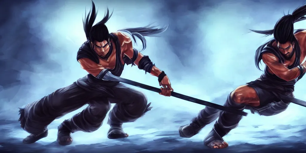 Image similar to Yasuo from League of Legends doing sit-ups, photorealistic, highly detailed, exercise