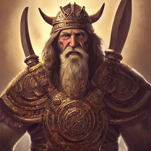 Prompt: digital painting of a hugh viking king by filipe pagliuso and justin gerard, symmetric, fantasy, highly, detailed, realistic, intricate