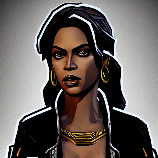 Image similar to beyonce portrait, borderlands, tales from the borderlands, the wolf among us, comic, cinematic lighting, studio quality, 8 k