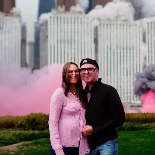 Prompt: a close up of a smiling couple of parents to be, in front of 9 / 1 1 with pink smoke, 1 2 0 mm, clear details, award winning