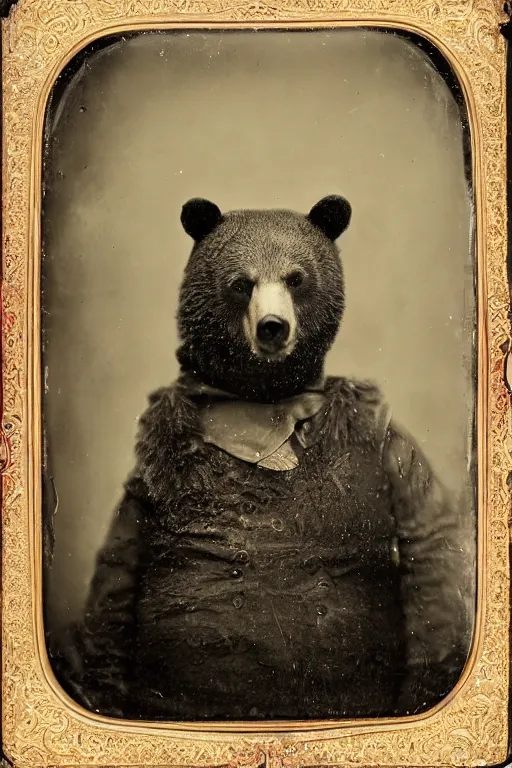 Image similar to a wet plate photo of an anthropomorphic bear dressed as a peasant