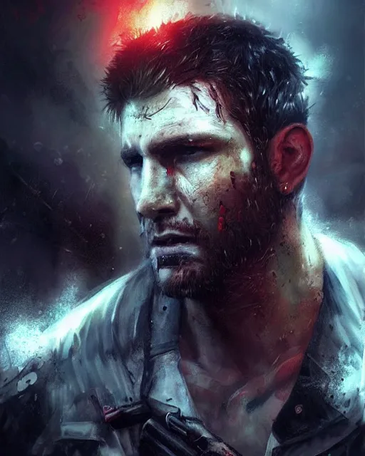 Image similar to battle hardened, charismatic, rugged chris redfield, face centered portrait, confident, ruined cityscape, zombies, fog, rain, volumetric lighting, soft light particles floating near her, illustration, perfectly shaded, soft painting, art by krenz cushart and wenjun lin