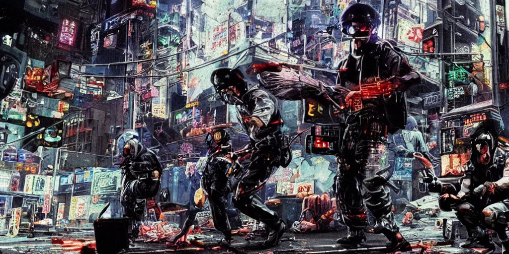 Prompt: 1992 Video Game Concept Art, Anime Neo-tokyo Cyborg bank robbers vs police, Set in Cyberpunk Bank Vault, bags of money, Multiplayer set-piece :9, Police officers hit by bullets, Police Calling for back up, Bullet Holes and Blood Splatter, :6 ,Hostages, Smoke Grenades, Large Caliber Sniper Fire, Chaos, Cyberpunk, Money, Anime Bullet VFX, Machine Gun Fire, Violent Gun Action, Shootout, Escape From Tarkov, Payday 2, Highly Detailed, 8k :7 by Katsuhiro Otomo + Studio Gainax : 8