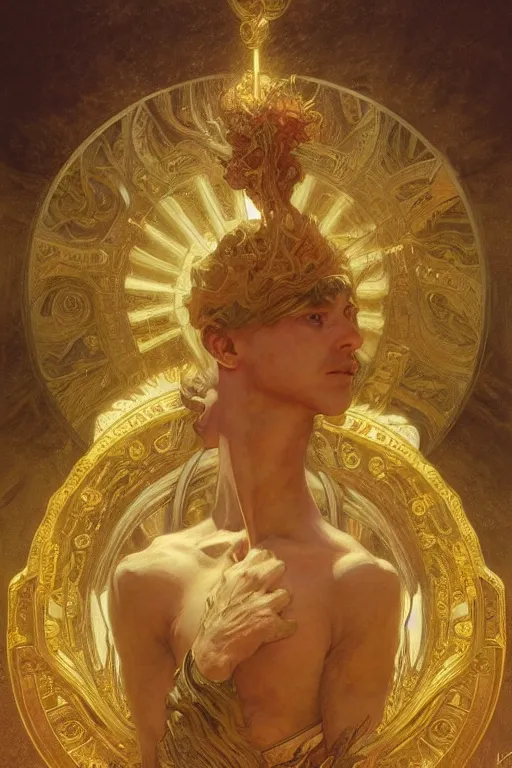 Prompt: young male god of sun, gold hair, gold eyes, tanned skin, fantasy, intricate, highly detailed, digital painting, artstation, concept art, smooth, sharp focus, art by art by Artem Demura and Alphonse Mucha, ArtGerm, valentina remenar, ruan jia