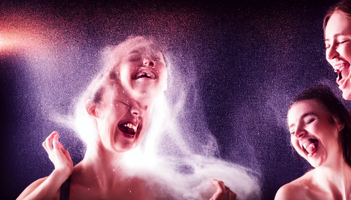 Image similar to humans , feedback loop , burst of powders ,volumetric lighting, twisting vapour, bellowing dust , emerging hands and beautiful laughing with woman’s face , full colour , upscale , 4k