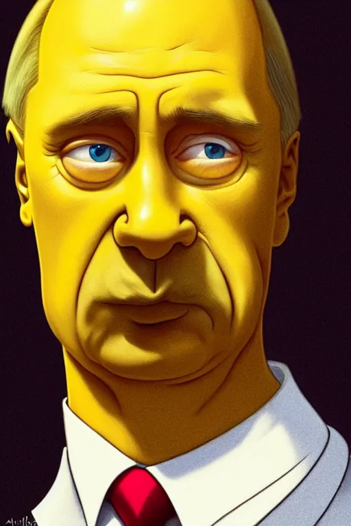 Prompt: vladimir putin as a yellow funny the simpsons character, realistic portrait, symmetrical, highly detailed, digital painting, artstation, concept art, smooth, sharp focus, illustration, cinematic lighting, art by artgerm and greg rutkowski and alphonse mucha