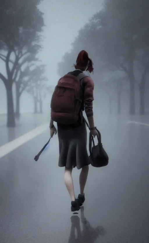 Image similar to school girl walking, gloomy and foggy atmosphere, octane render, cgsociety, artstation trending, horror scene, highly detailded