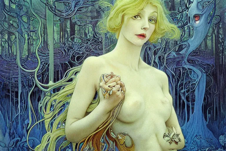 Image similar to realistic detailed portrait painting of a beautiful ghost woman with blond hair with an alien, futuristic sci-fi forest on background by Jean Delville, Amano, Yves Tanguy, Alphonse Mucha, Edward Robert Hughes, Roger Dean, rich moody colours, blue eyes