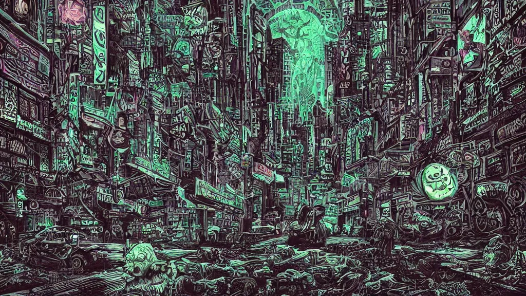 Prompt: cthulhu waiting to cross the busy road of a cyberpunk city by dan mumford