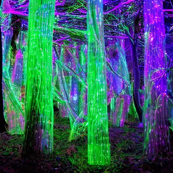 Image similar to crystal forest, fiber optic lights, neon glare, nacreous flare