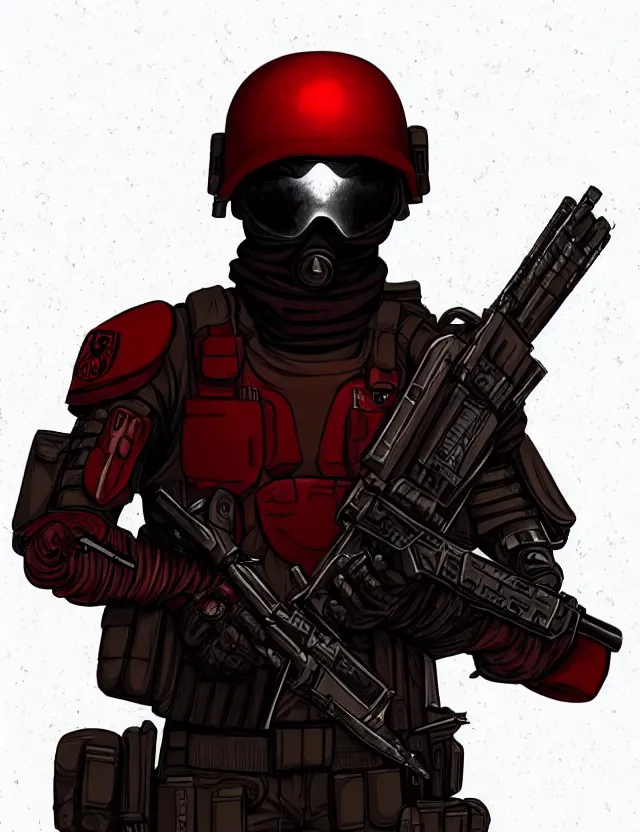 Image similar to a detailed manga illustration of a masked special forces soldier wearing dark red advanced demon - resistant cyborg tactical gear, trending on artstation, digital art, 4 k resolution, detailed, high quality, sharp focus, hq artwork, coherent, insane detail, character portrait