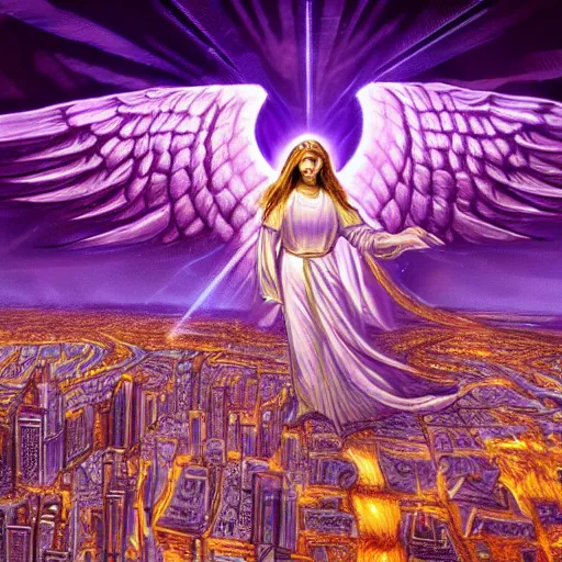 Image similar to a HD photo of a gigantic biblically accurate angel over a city, purple, violet, gold, epic lighting, hyper detailed, throne, rings with eyes