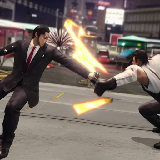 Image similar to Kazuma Kiryu from Yakuza and Senator Armstrong from Metal Gear Rising fights each other with their fists, highly detailed, photorealistic, cinematic lighting,