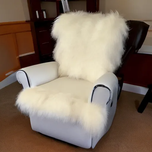 Image similar to a recliner covered in long white fur