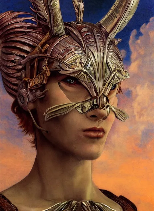 Image similar to biblical diabolical beautiful female valkyree android, pegasus, jump, rollerblades, heavy eyes to the side, closeup, bright glowing veins, in clouds, sunset, portrait, by gerald brom, by mikhail vrubel, by peter elson, muted colors, extreme detail, reflections, trending on artstation, 8 k