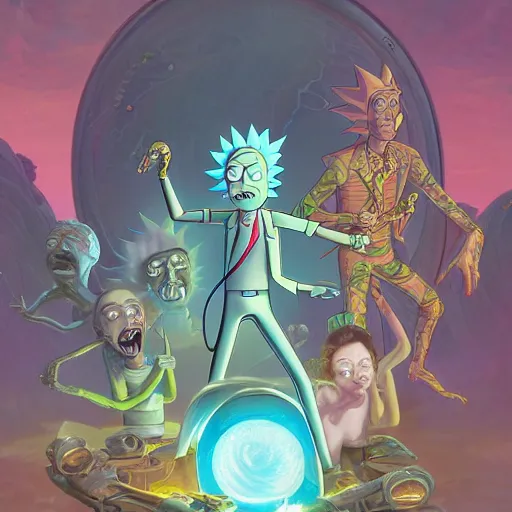 Image similar to rick and morty, fantasy character portrait, ultra realistic, wide angle, intricate details, the fifth element artifacts, highly detailed by peter mohrbacher, hajime sorayama, wayne barlowe, boris vallejo, paolo eleuteri serpieri