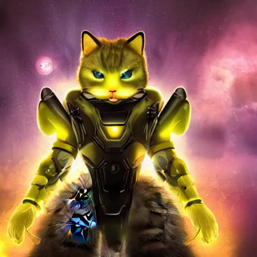 Image similar to humanoid with cat-like features in futuristic space armor with force fields, yellow eyes, teeth that protrude past the lower lip and fine grayish fur on their faces and backs of their hands and carrying weapons, octane,