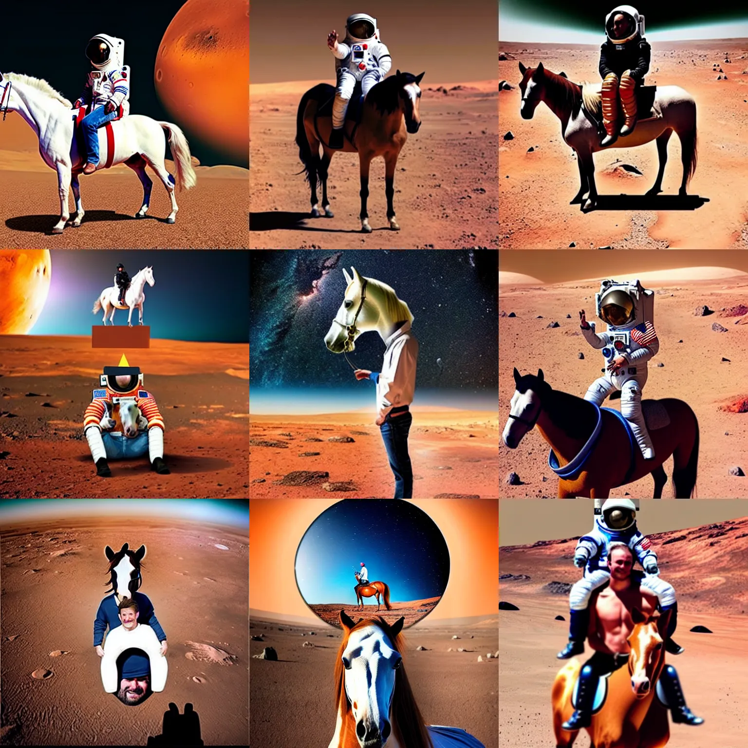 Prompt: guy with horse head sitting on shoulders of astronaut, mars vacation photo, horse sitting on man back, meanwhile in a parallel universe