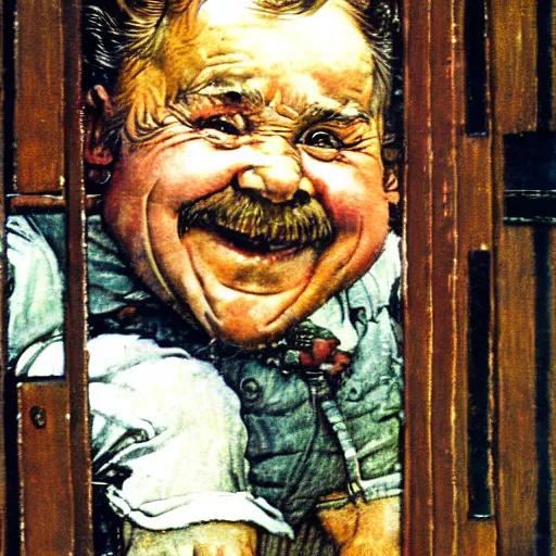 Image similar to close up portrait of dwarf jumping from balcony by norman rockwell, illustration, 5 0 mm lens,