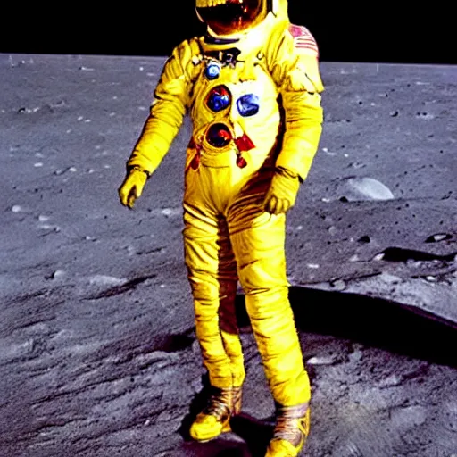 Prompt: color photography of Freddy mercury singing on the moon, wearing yellow military-style cropped coat