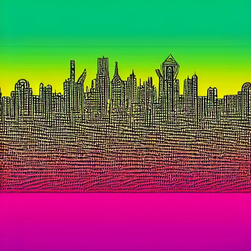 Prompt: geometric art of a city, gradients, patterned, colorful, vector graphics