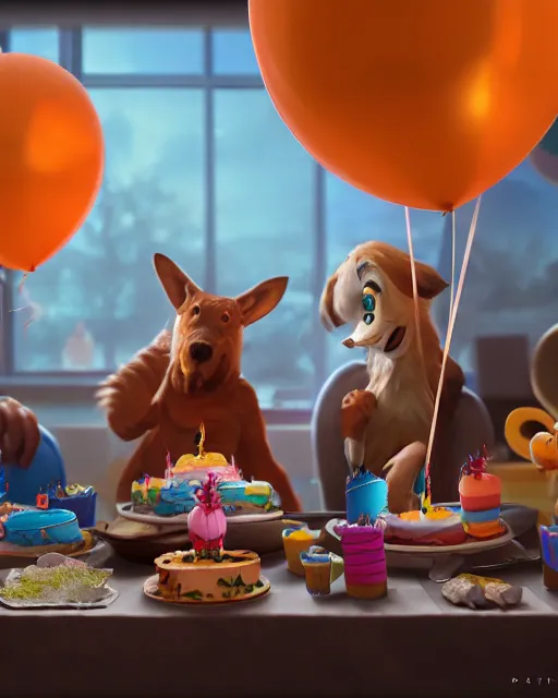 Image similar to pals have a birthday party, hyper realism, cinematic shot, epic composition, fine details, octane render, unreal engine, 8 k, depth of field, concept art, digital art, deviantart artstation, extremely detailed, very sharp,