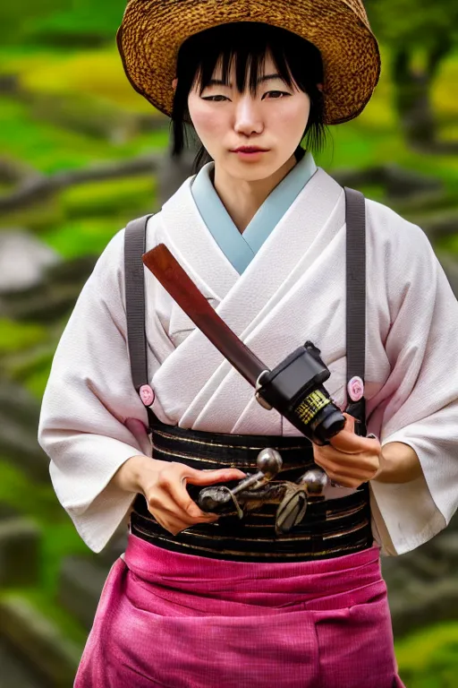 Image similar to japanesse farmer, cinematic view, bokeh, extreme detailed, vogue photo style, proportional, dynamic composition, perfect face details, perfect body shape, intricate, comfort posse, smooth, sharp focus, body features, ultra realistic, award winning photo, captured by nikon d 8 5 0, 4 5. 7 mp lens, 4 k, full body.