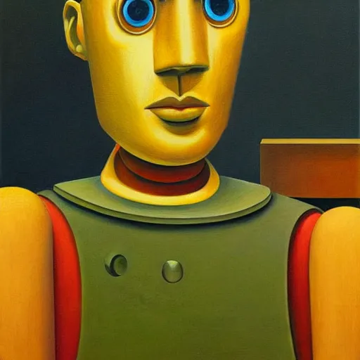 Image similar to super - intelligent robot with kind eyes portrait, grant wood, pj crook, edward hopper, oil on canvas