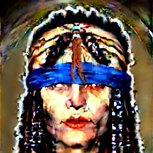 Image similar to A young blindfolded shaman woman with a decorated headband, in the style of heilung, blue hair dreadlocks and wood on her head., made by karol bak