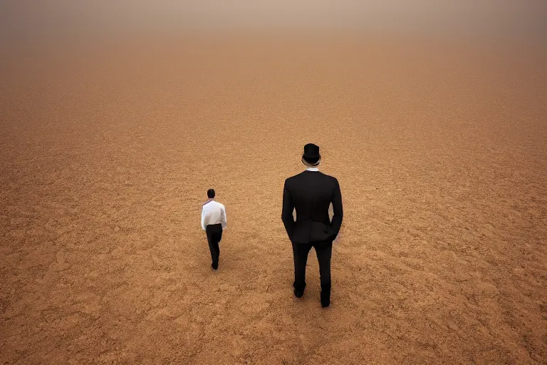 Prompt: a cinematic landscape photograph of a man dressed in a business suit trekking through a desert, dust storm, thunder and lightning, lee madgwick and zack snyder, 8 k, hd, high resolution, 3 5 mm, f / 3 2, tenet