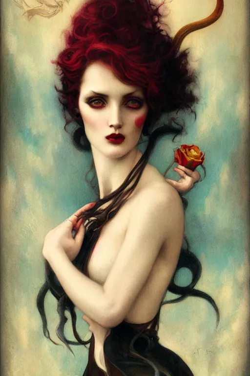 Prompt: Devil by Tom Bagshaw in the style of Gaston Bussière, art nouveau, art deco