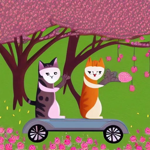 Image similar to a cute artwork of two cats riding scooters through a forest of cheery blossom trees