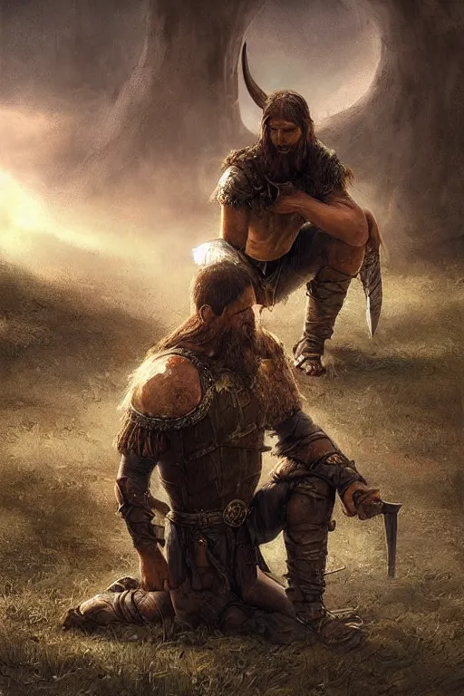 Prompt: aesthetic digital illustration of a wounded viking warrior on his knees by anne stokes, greg rutkowski, and brian belledin | dirty and bloody, concept art, character concept, matte background, golden ratio, rule of thirds, golden hour lighting, unreal engine, finalrender, centered, deviantart, artgerm