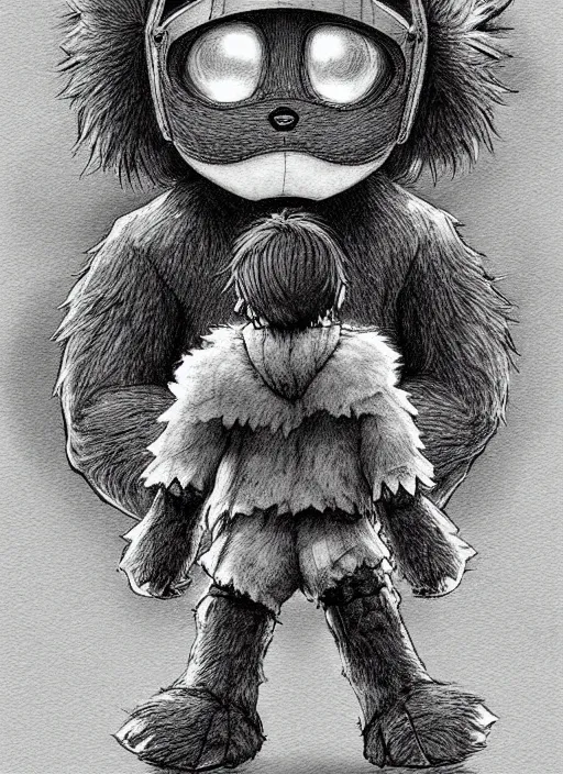 Image similar to beautiful little boy wearing an cyborg bear suit, artwork in kentaro miura and made in abyss and rosdraws, smooth, beautiful lightness, anatomically correct, trending on pixiv, forest