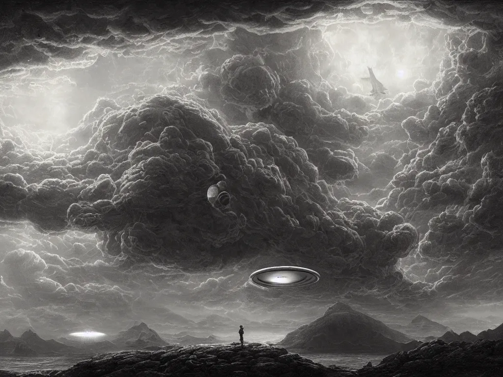 Image similar to a beautiful matte painting of a singular ufo by m. c. escher and gustave dore and sam spratt, cinematic, dynamic lighting, concept art, realistic, realism, colorful