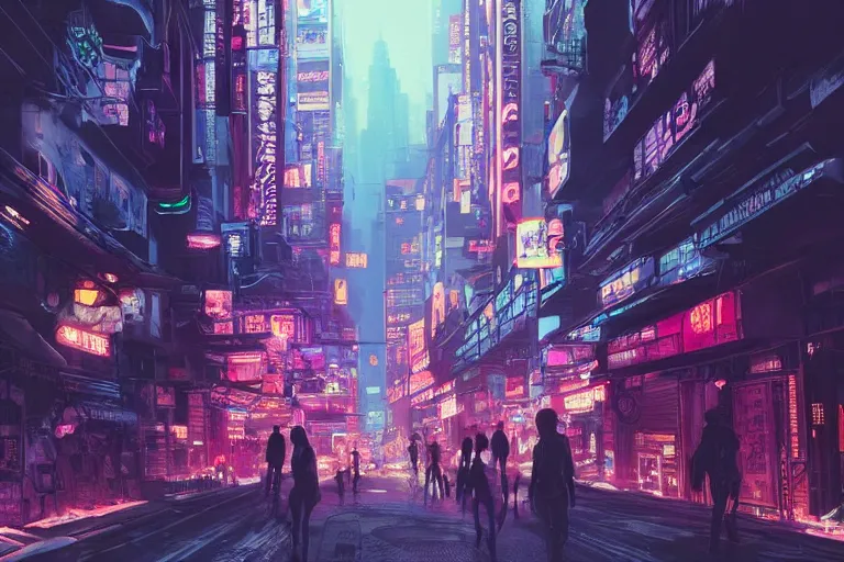 Image similar to bustling neon cyberpunk street, nighttime!!, illustrated by ricardo bofill, greg rutkowski, and amano yoshitaka, trending on artstation, golden ratio!!!, centered!!!, unsplash!!!!, cgsociety contest winner, zbrush!!!, 4 k, 8 k