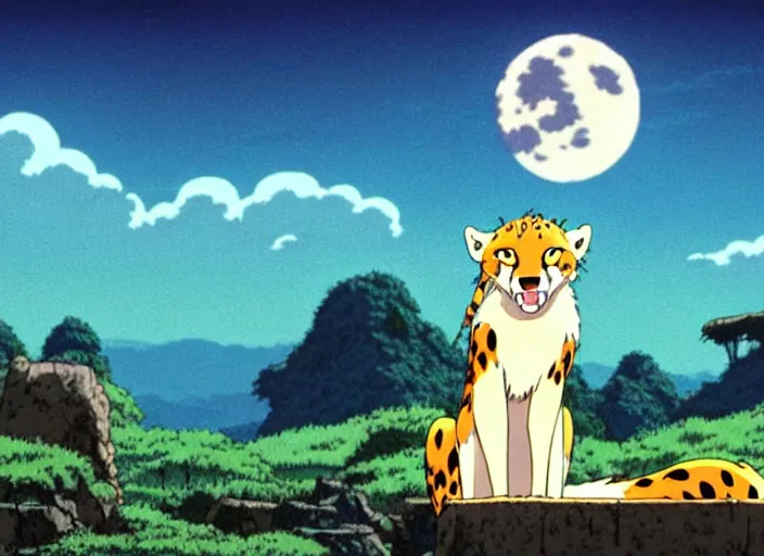 Image similar to a still from a studio ghibli movie of a cartoon cheetah from princess mononoke ( 1 9 9 7 ), in front of a pale full moon, full body, wide shot, very dull muted colors, studio ghibli, highly detailed, deviantart, art by artgem