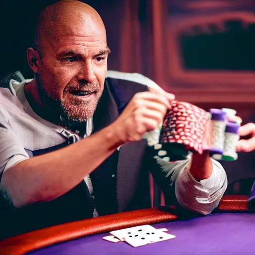 Prompt: professional dslr photo of thanos playing poker