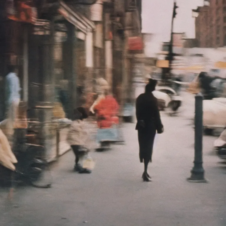 Prompt: analog medium format film motion blur portrait of walking woman in harlem, 1 9 6 0 s hasselblad film street photography, featured on unsplash, photographed on vintage expired colour film