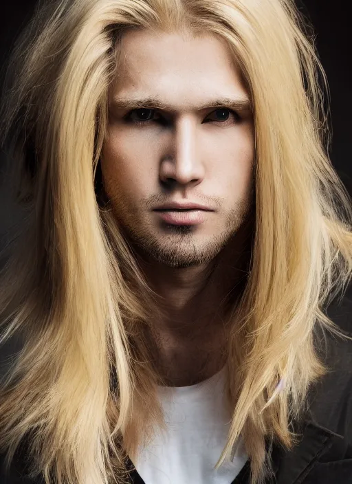 Image similar to portrait of a blond handsome man with long hair, anime inspired, High Res 8K,hyperdetailed