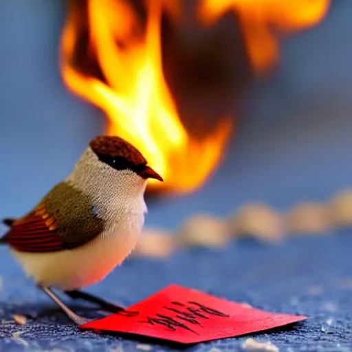 Image similar to a small bird burning love letters on a fire