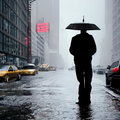 Prompt: portrait of a man fishing in a rainy new york street, photograph, magazine, press, photo