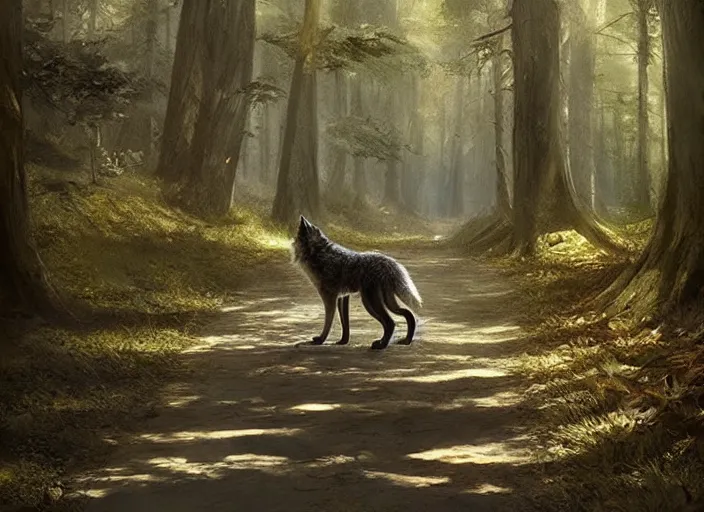 Image similar to a beautiful wolf on a pathway in a forest, lush trees, a fantasy digital painting by greg rutkowski and james gurney, trending on artstation, highly detailed