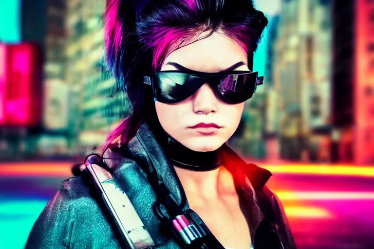 Prompt: closeup gorgeous young trained female cyberpunk assassin, sunglasses, died hair, fit futuristic geisha, hero pose colorful city lighting, night by emmanuel lubezki