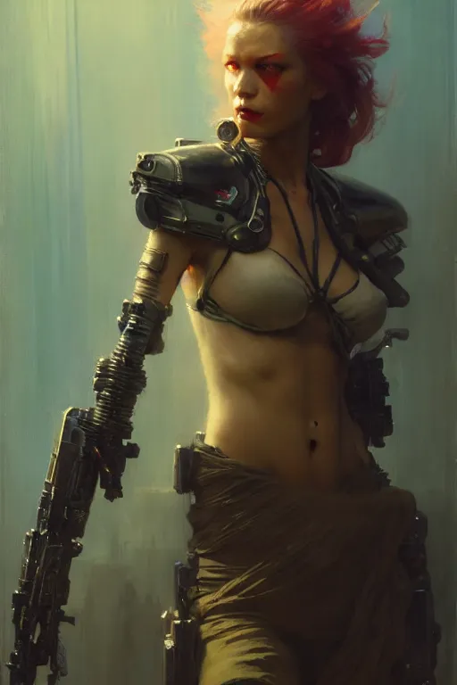 Image similar to full character portrait max mad cyberpunk, cyberpunk solider girl character design, final fantasy face, painting by gaston bussiere, katsuya terada, nc wyeth, greg rutkowski, craig mullins, vermeer, trending on artstation, jeffery catherine jones