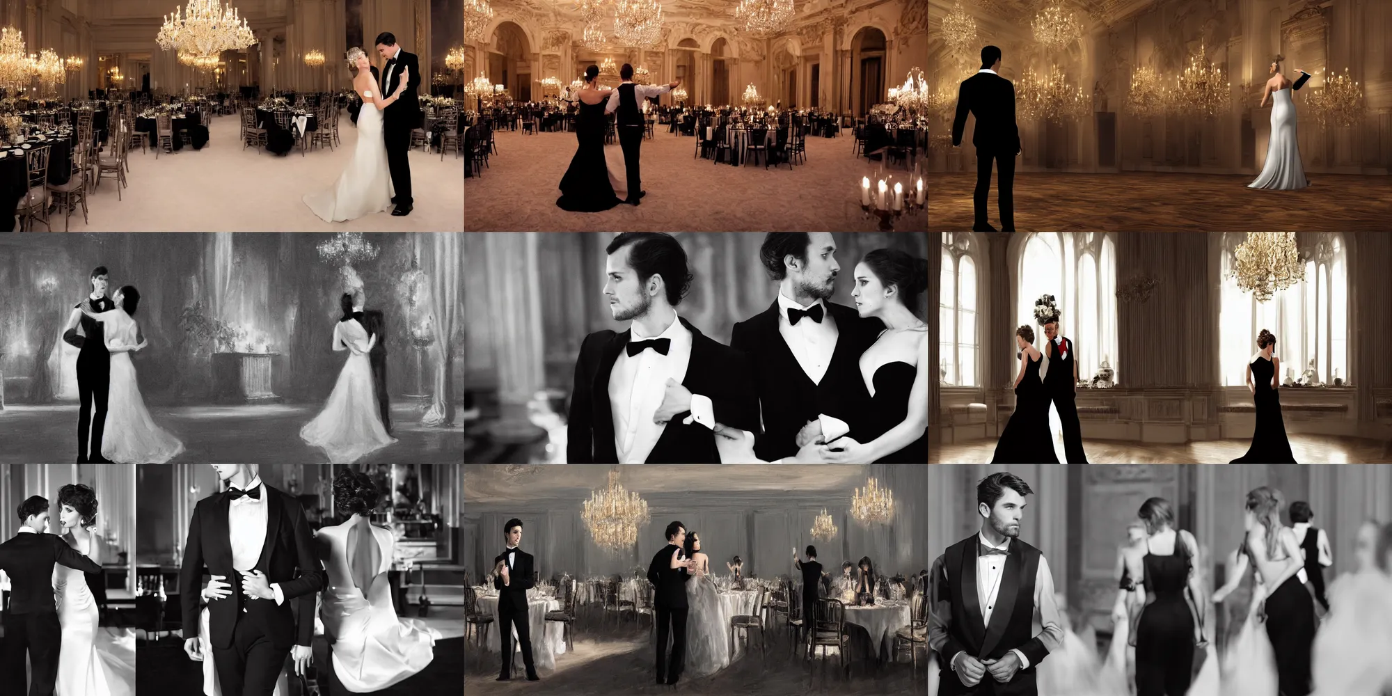 Prompt: man in a tuxedo vest and tie, his back is turned to a female in an elegant black dress, in the center of a large room of an elegant fancy party, ultra detailed, volumetric lighting, elegant, classical.