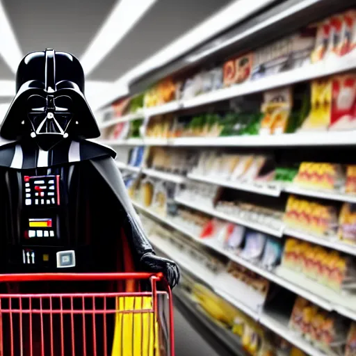 Image similar to A still of a Darth Vader shopping for groceries, 4k, photograph, photoreal, ultra realistic, highly detailed, professional lighting