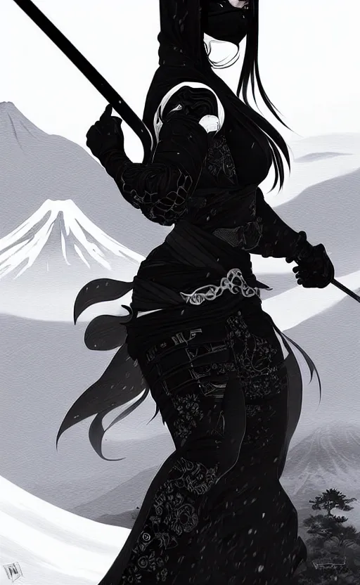 Image similar to portrait ninja gaiden girl, black plus white ninja wardrobe, at snowy fuji mountain sunrise, ssci - fi and fantasy, intricate and very very beautiful, detailed, digital painting, artstation, concept art, smooth and sharp focus, illustration, art by tian zi and wlop and alphonse mucha